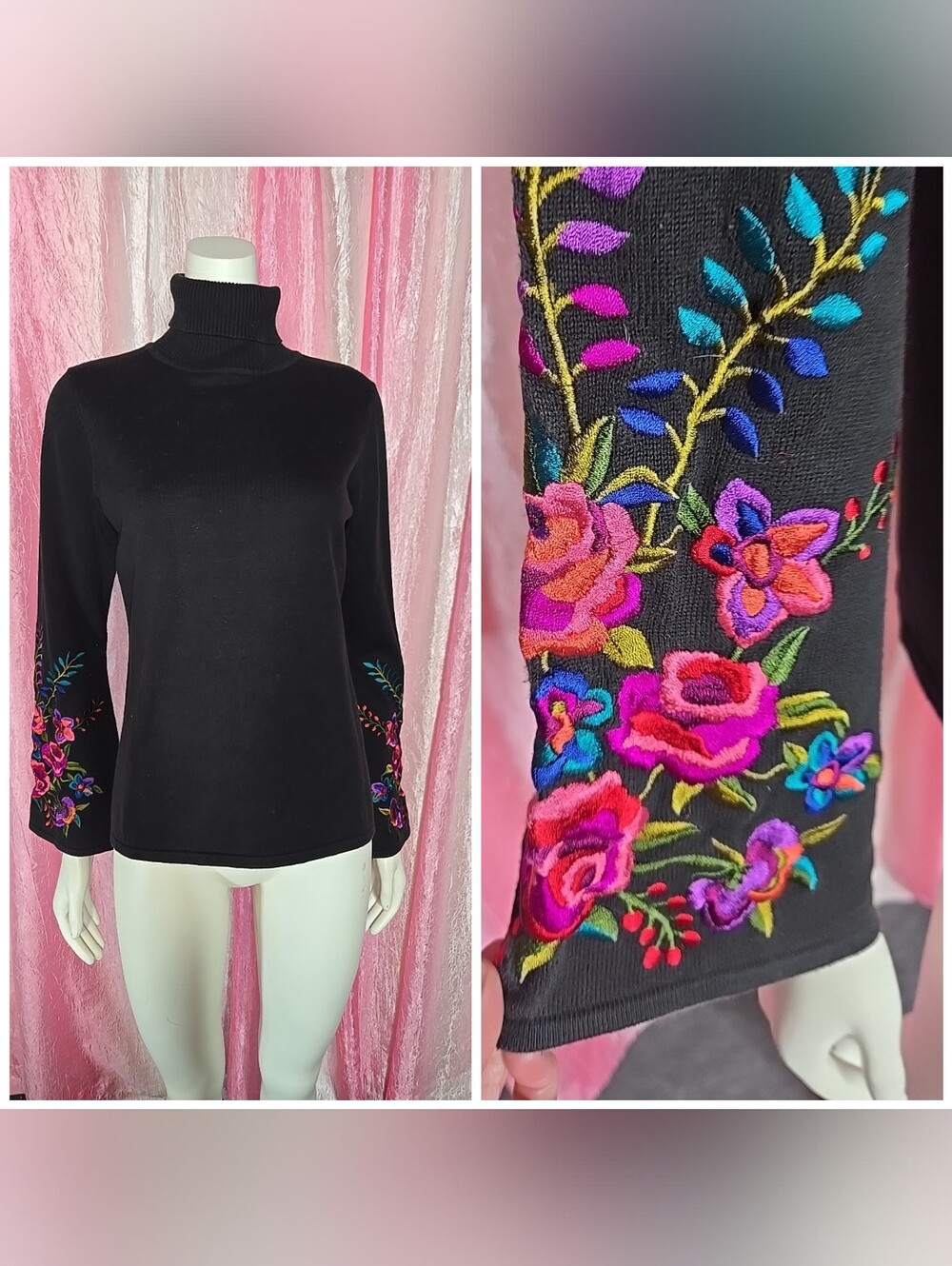 Linea by Louis Dell Olio Black Floral Embroidered Cotton Sweater Size Small